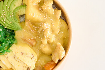 poke with chicken, salmon and avocado