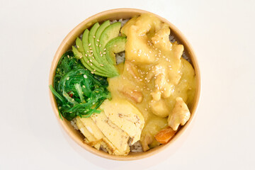 poke with chicken, salmon and avocado