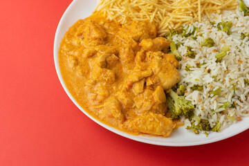 Meal - Chicken Stroganoff, rice, beans, potato straw and salad