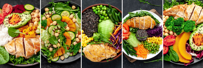food collage of various healthy food dishes. Buddha bowl
