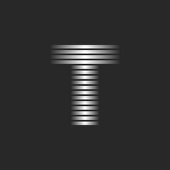Letter T logo design with thin parallel lines, modern monogram linear metallic gradient, striped silver effect identity logotype.