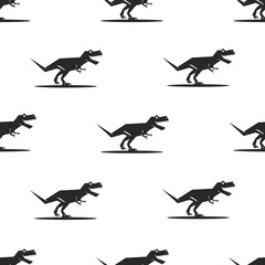 Dinosaurs silhouette seamless pattern black and white illustration of a predator animal in full height in motion side view, kids symmetric print on background fabric.