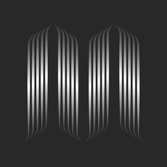 Letter M logo creative monogram Gothic style, 3d effect wave shape, silver gradient stripes from smooth thin parallel lines, creative calligraphic initial.