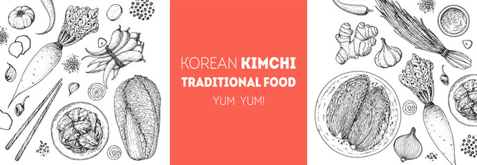 Kimchi cooking and ingredients for kimchi, sketch illustration. Korean cuisine frame. Healthy food, design elements. Hand drawn, package design. Asian food