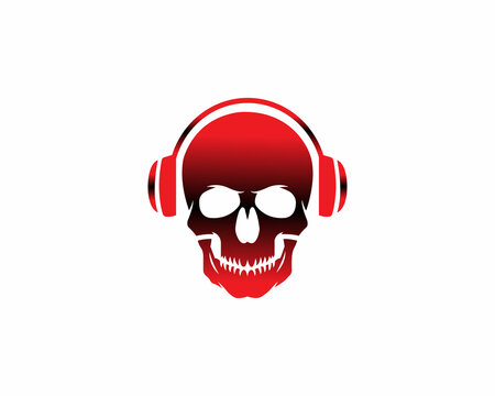 Human Skull with Headphones Sign Music Studio Logo. Hard Rock Music Illustration on White Background.