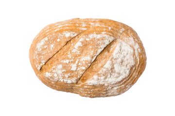 Bread top view cut out. Freshly backed Bread isolated on white background. Fresh organic loaf
