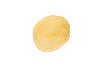 Top view of potato chips isolated on white background. Delicious piece of crispy golden chips. Tasty round potato slice in closeup. Top view