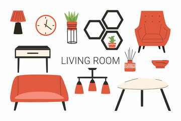 Scandinavian interior set. Cozy furniture: couch, armchair, shelf, table, lamp, decor. Living room furniture. Hygge style interior. Flat vector illustration.