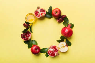 Rosh hashanah concept. Frame made of symbols jewish New Year holiday Traditional. Top view with copy space