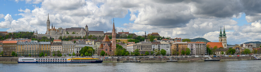 Panoramic view of Buda side of Budapest, Hungary with the Buda Castle, St. Matthias and Fishermen's...