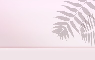 Fototapeta na wymiar Abstract pink color gradient studio background for product presentation. Palm leaves. Summer concert.