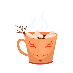 Christmas hot drink in colorful mug. Detailed New Years illustrations.