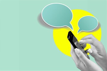 Art collage Hand holding smartphone device. Application development. Technology digital gadget....