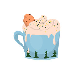 Christmas hot drink in colorful mug. Detailed New Years illustrations.