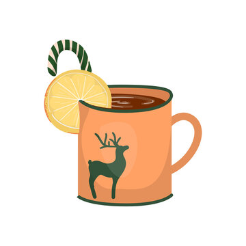 Christmas hot drink in colorful mug. Detailed New Years illustrations.