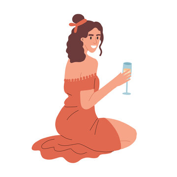 A beautiful girl is squatting drinking champagne. female alcoholism at a picnic. Summer holidays