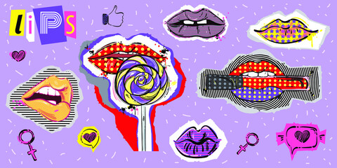 Vector abstract set of lips in collage style. Psychedelic illustration. trippy