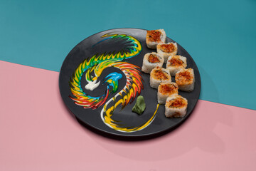 MAGURO ROLL served in a plate isolated on background side view of japanese fast food