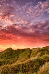 Obraz premium Copyspace landscape of sunset on coast of Jutland in Loekken, Denmark. Sun setting on empty beach at dusk over hills and meadows. Dramatic sunrise in morning with copy space. Pink sky on coastline