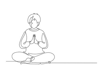 Praying man in lotus pose. Continuous line. Religion, faith, meditation concept.