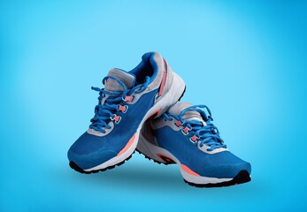 Naklejka premium Modern stylish running sneakers on pastel background. New sport shoe. Stability and cushion running shoes.