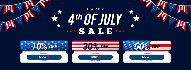 Happy 4th of July sale coupon template banner vector illustration. American flag garland