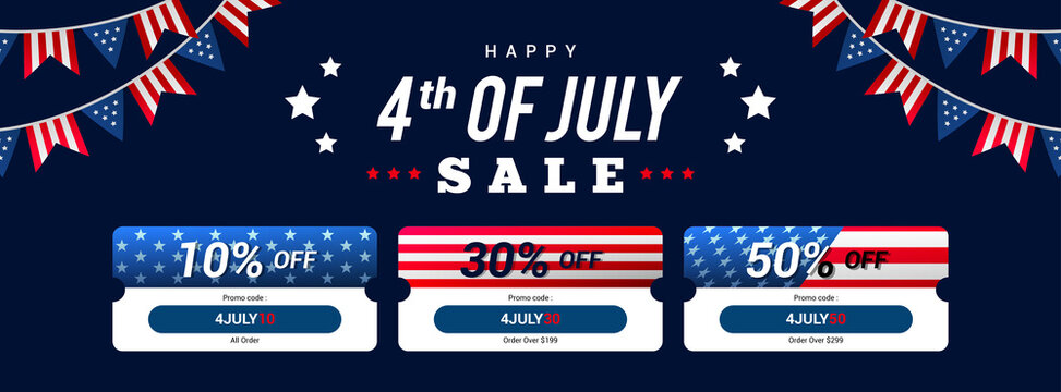Happy 4th of July sale coupon template banner vector illustration. American flag garland
