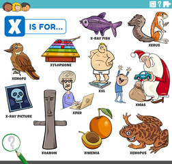 letter x words educational set with cartoon characters