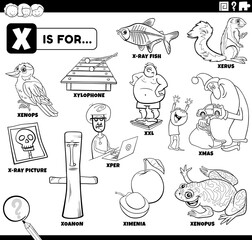 letter x words educational cartoon set coloring page