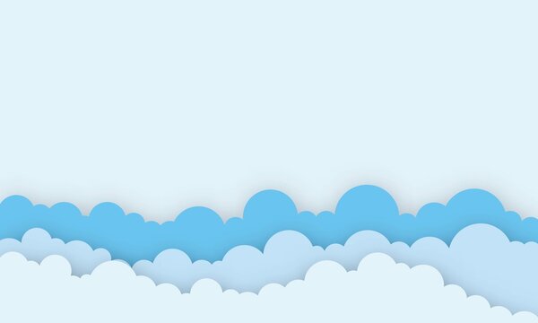 Paper art of clear cloud with toy shower on blue sky paper cut style, baby boy card illustration vector