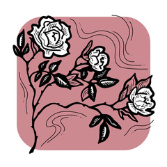 Beautiful roses with leaves. Romantic bohemian flowers  bouquet decorative element for birthday party postcard, wedding celebration invitation. Hand drawn illustration. Retro vintage style drawing. 