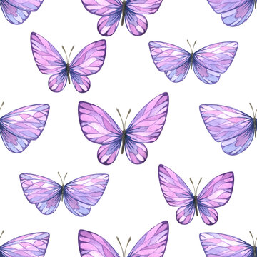 Purple-pink butterflies, abstract with a pattern. Watercolor illustration. Seamless pattern from a large Lavender SPA set. For textiles, fabrics, prints, wallpaper, covers, paper, clothing.