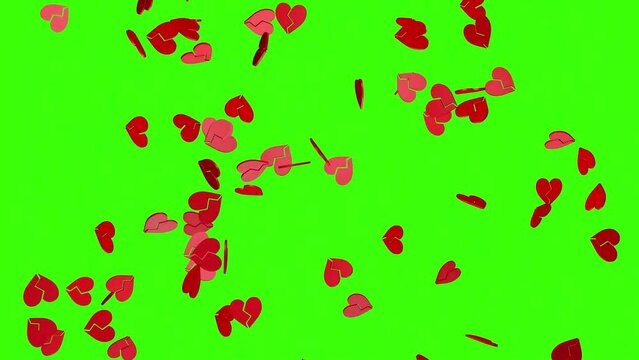 Falling red broken hearts on a green screen background. 3D render animation. Video effect for valentine's day and wedding. Green screen. Rain from hearts.