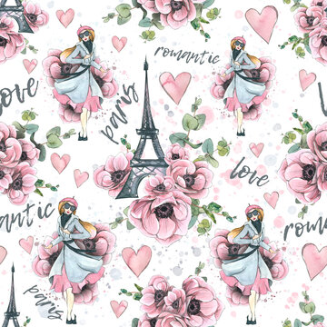 Eiffel Tower and Parisian woman in anemone flowers with pink hearts and inscriptions. Watercolor illustration in sketch style with graphic elements. Seamless pattern from a large set of PARIS.