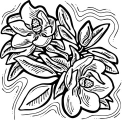 Beautiful spring flowers magnolia with green leaves. Decorative element for post card, print, poster. Wedding blooms to save the date. Hand drawn bohemian style vector illustration. Line art drawing. 
