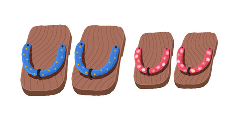 Wooden Japanese slippers. Traditional oriental shoes. Vector illustration.