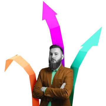 Bearded businessman on the background of color graphs and trends. Art collage.