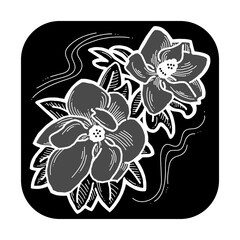 Beautiful spring flowers magnolia with green leaves. Decorative element for post card, print, poster. Wedding blooms to save the date. Hand drawn chalkboard retro style illustration. Line art drawing.