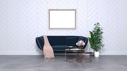 Mock up poster of a living room in a contemporary style. White walls and polished concrete floor. A stylish dark blue sofa, a coffee table, flowerpots and a frame for a photo or picture. 3d rendering