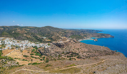 Fototapeta na wymiar Breathtaking aerial panoramic view over Chora, Kythera by the Castle at sunset. Majestic scenery over Kythera island in Greece, Europe