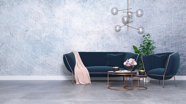Mock up poster of a living room in a contemporary style. Decorative plaster walls and polished concrete floor, a stylish sofa with a dark blue armchair, a coffee table and flowerpots. 3d rendering