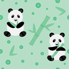 seamless pattern with cute panda bears and bambik branches. Nice light green color