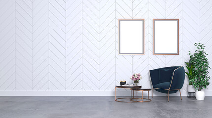 Mock up poster of a living room in a contemporary style. White walls and polished concrete floor. A stylish dark blue armchair, a coffee table, flowerpots and a frame for a photo or picture. 3d render