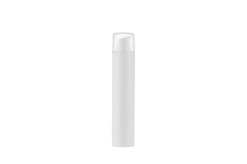 White cosmetic bottle with dispenser on white background.
Cream Bottle with transparent lid, isolated on white background.