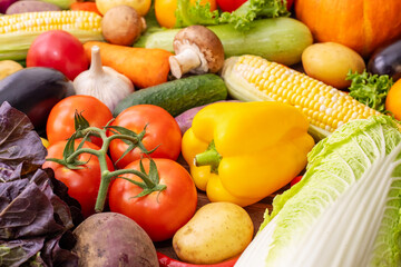 Healthy food background. Assortment of fresh vegetables. Harvest of vegetables