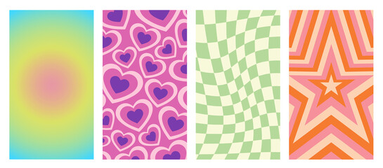 Set Of Geometric Star,heart,aura gradient ,chess borad Abstract Backgrounds. Lovely Vibes Posters Design. Trendy Y2K Illustration.