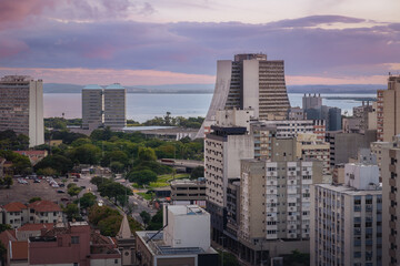 Aerial view of Porto Alegre at sunset with Rio Grande do Sul State Administrative Building - Porto Alegre, Rio Grande do Sul, Brazil