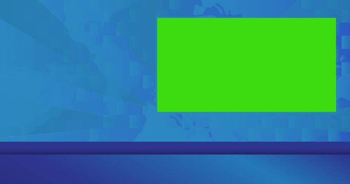 Virtual Breaking News Studio Background. Blue World Map with Chroma Key Set. Green Screen intro stock video.
