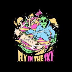 stockkkT-shirt design with alien skateboard illustration on planet