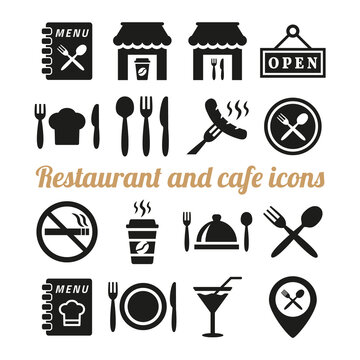 Restaurant and cafe icons set on white background.